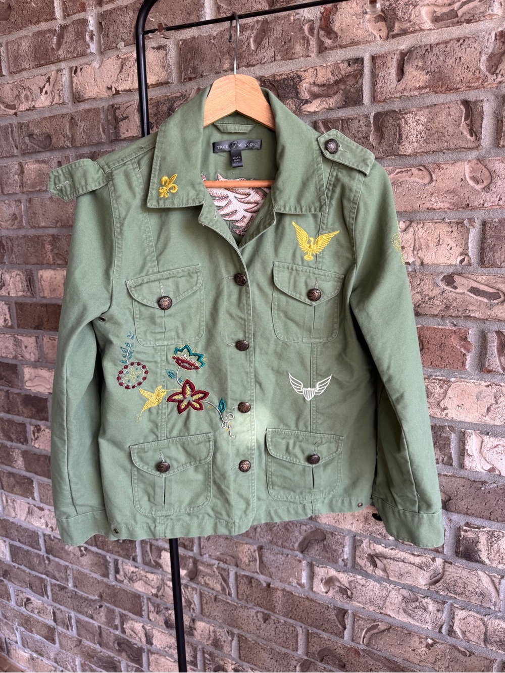 True Meaning Embroidered Eagle Military Jacket Olive Green Women’s Size 8